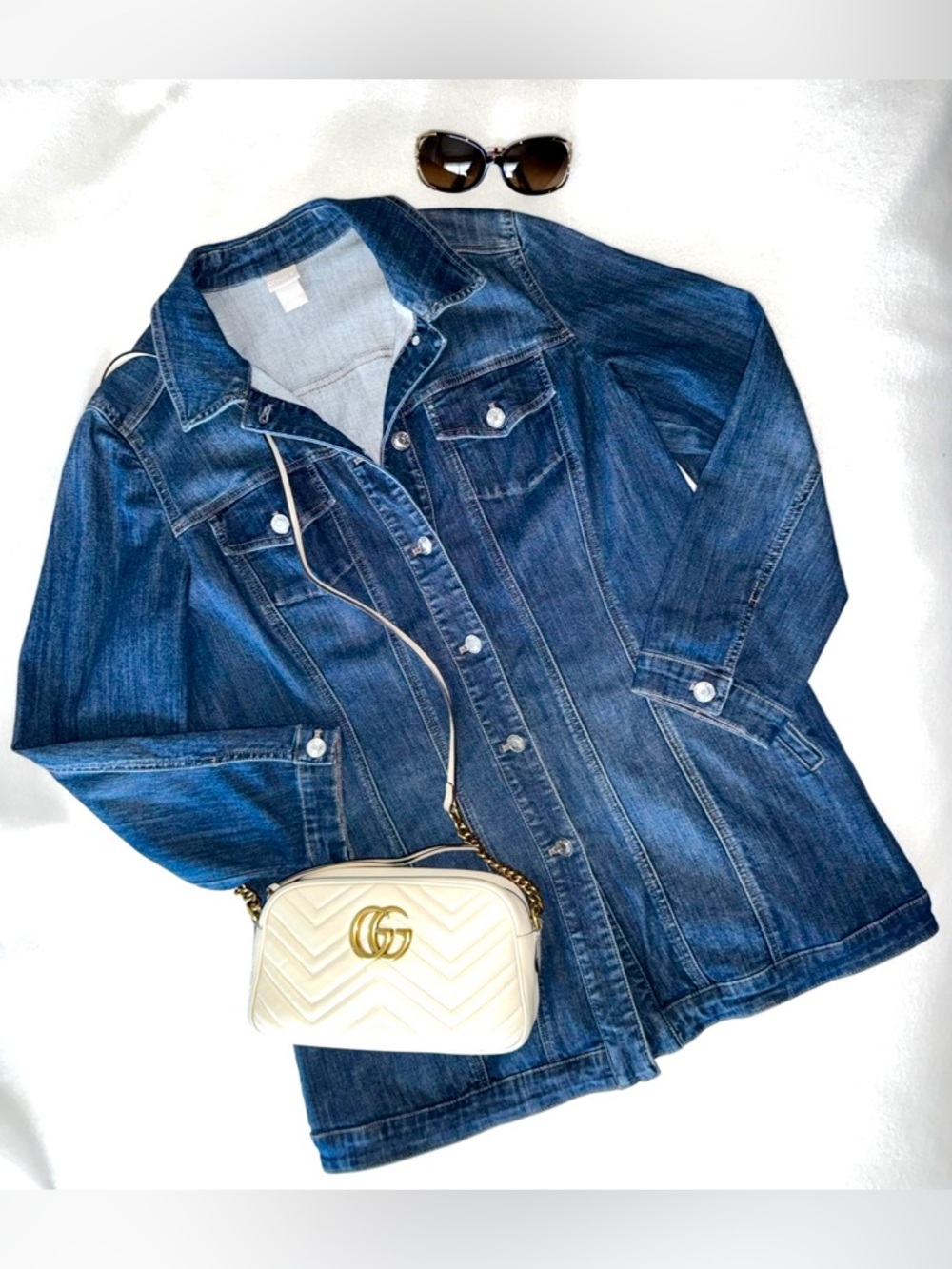 CHICOS Blue Stretch Elongated Denim Jacket size 2XL (12/14) EUC GORGEOUS
